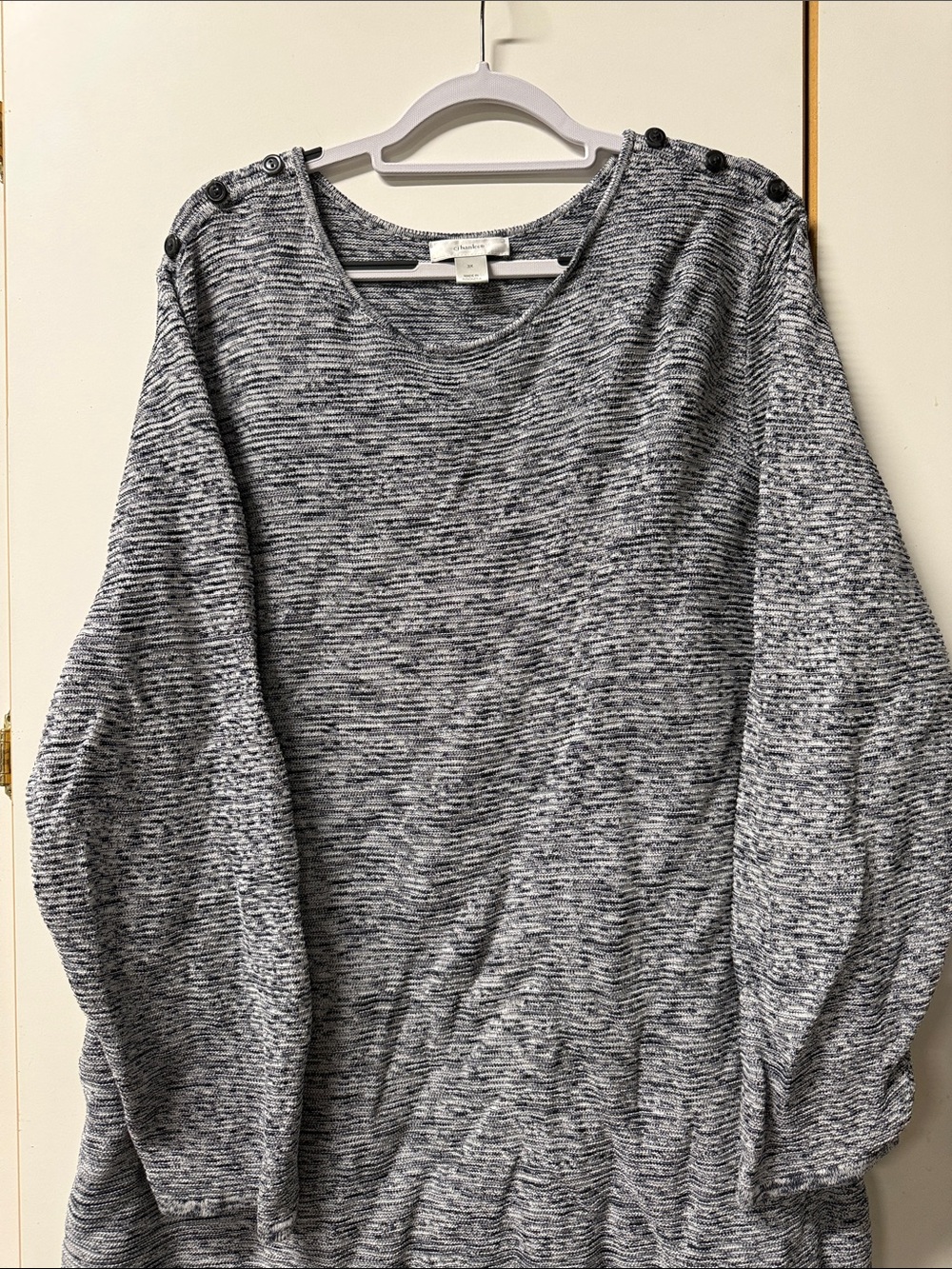 CJ Banks Marled Black and White Button-Shoulder Sweater